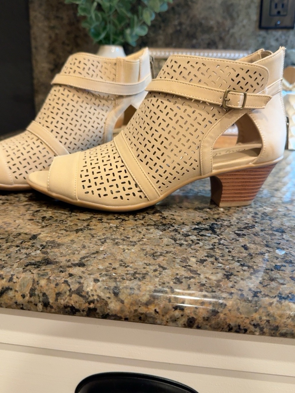 Easy Street Beige Perforated Peep-Toe Heeled Booties